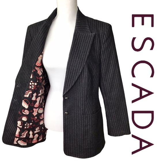 Escada Jackets & Blazers - ESCADA | Pinstripe Denim Silk Lined Logo Blazer